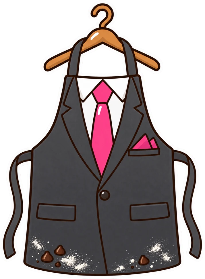 An apron printed to look like a suit with a pink tie, on a hanger.