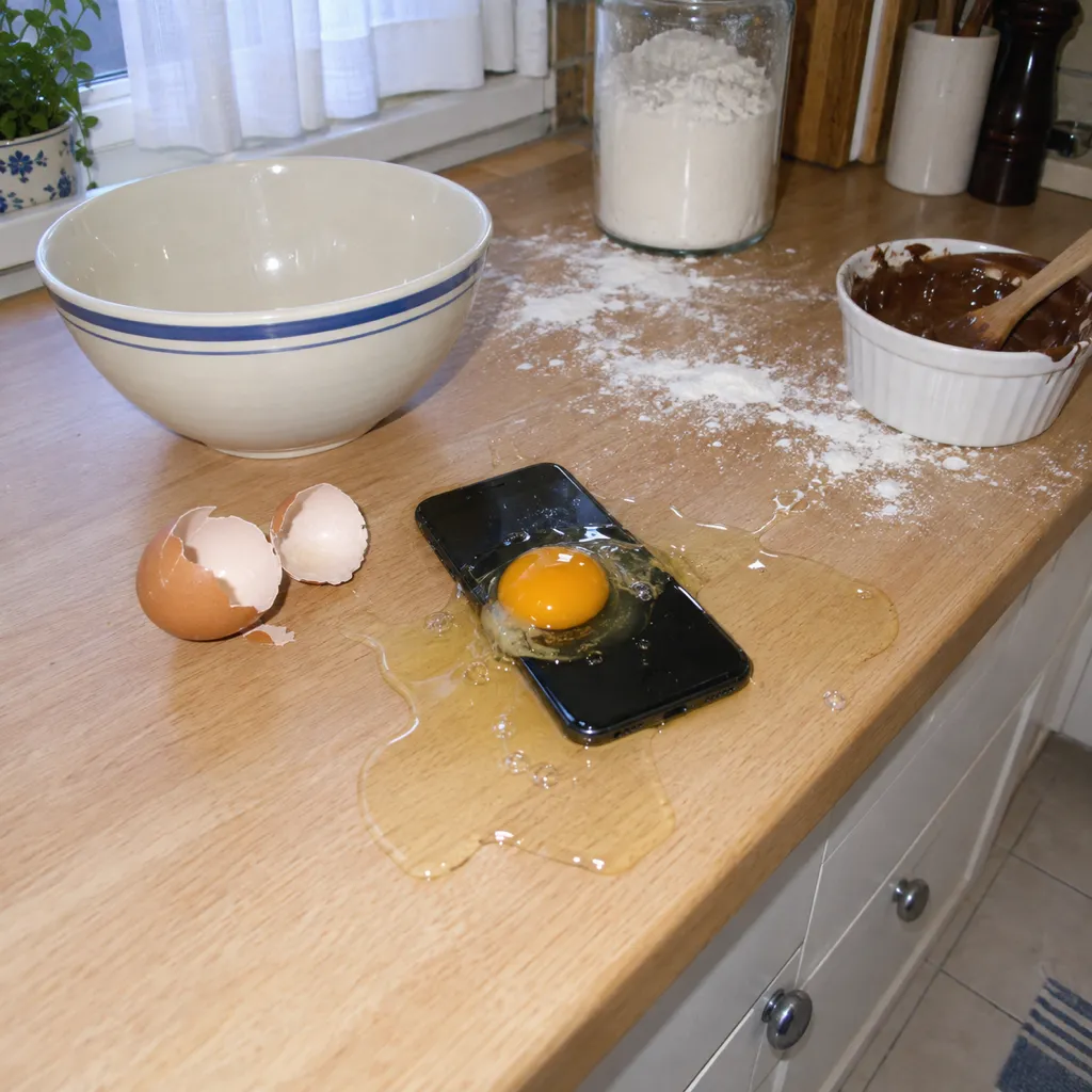 A raw egg broken on top of a smartphone lying on a kitchen counter, egg white spreading across the counter.