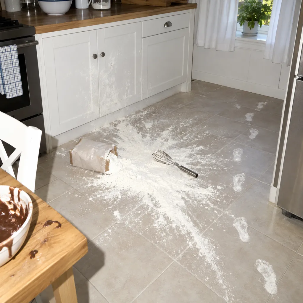 A burst bag of flour on a kitchen floor, flour everywhere, and small white sock footprints walking away.