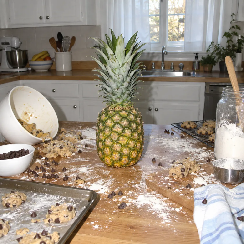 A single pristine pineapple standing in the middle of a countertop covered in baking mess.