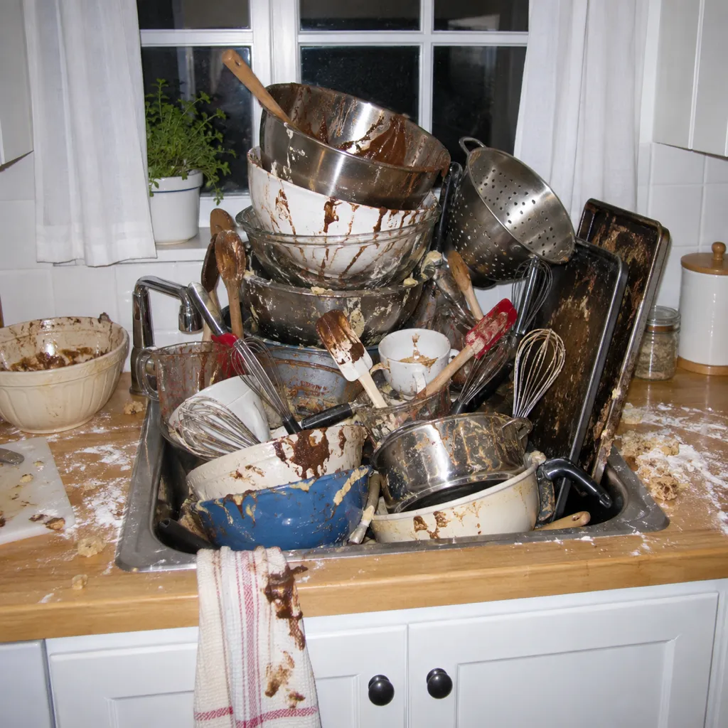 A kitchen sink with a teetering tower of far too many dirty mixing bowls, whisks and trays.