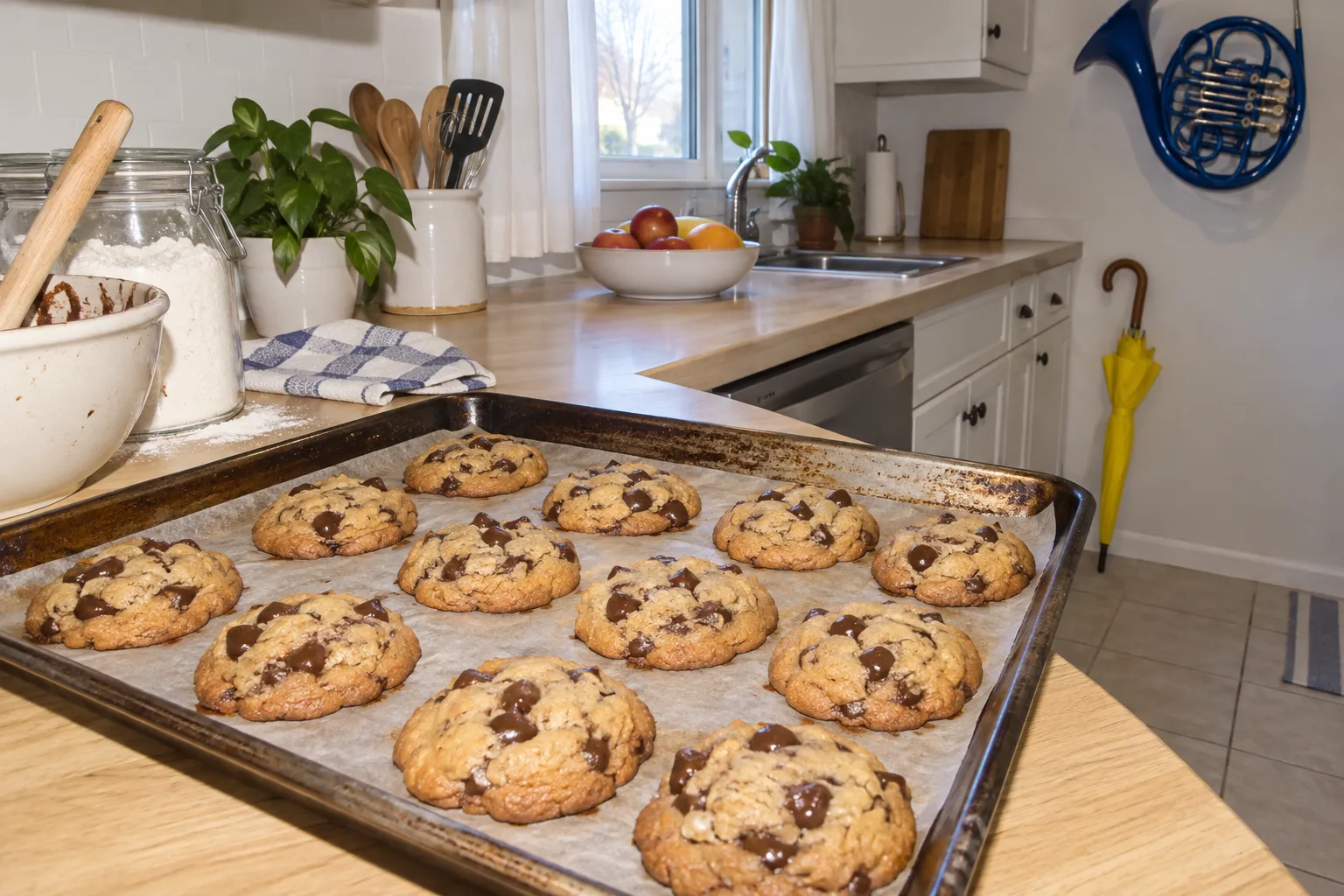 A tray of warm chocolate chip cookies on a kitchen counter, with a yellow umbrella leaning beside it and a blue French horn on the wall.
