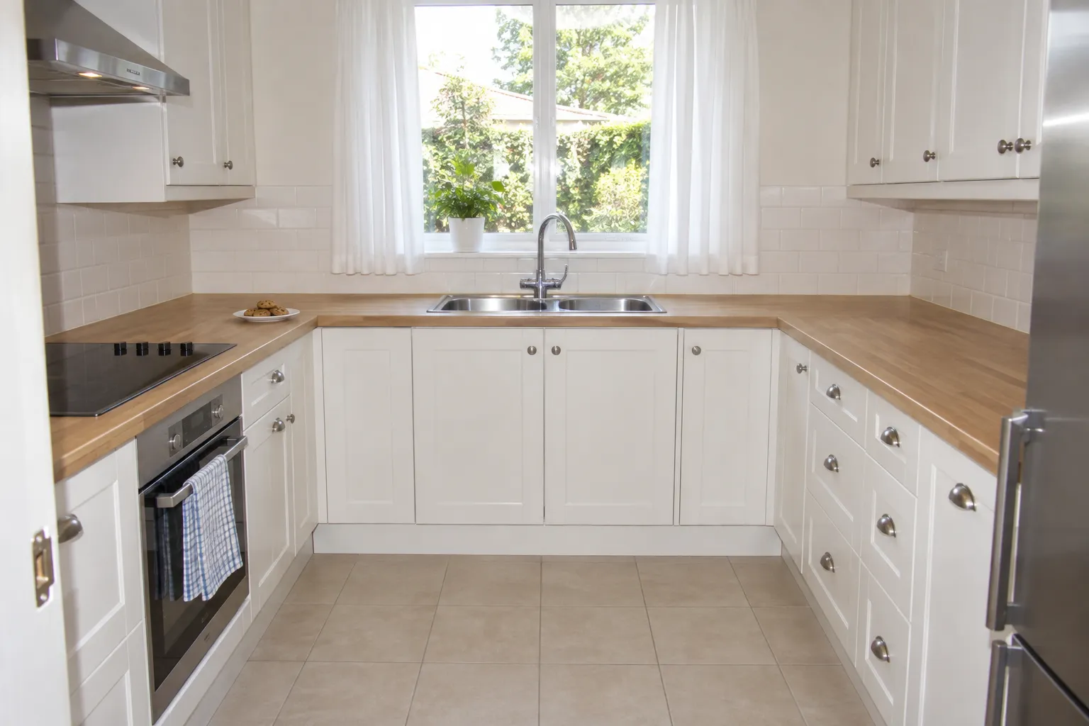 A spotless kitchen: clear counters, empty sink, crisp white curtains, one plate of cookies.